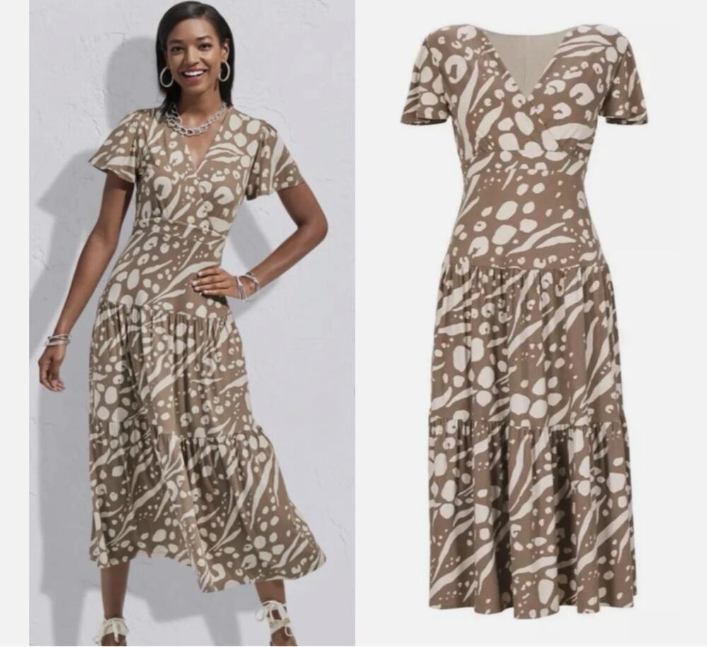 Cabi Taupe & White Animal Print Swoon Midi Dress Size XL Style 6147